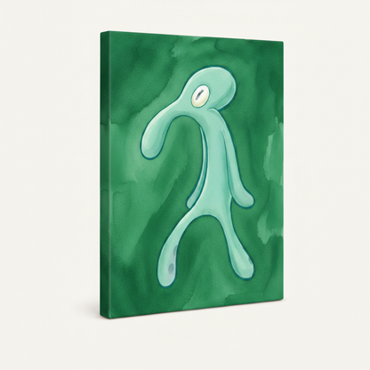 Stretched canvas wrap of abstract squid watercolor, angled view with emerald green side edges