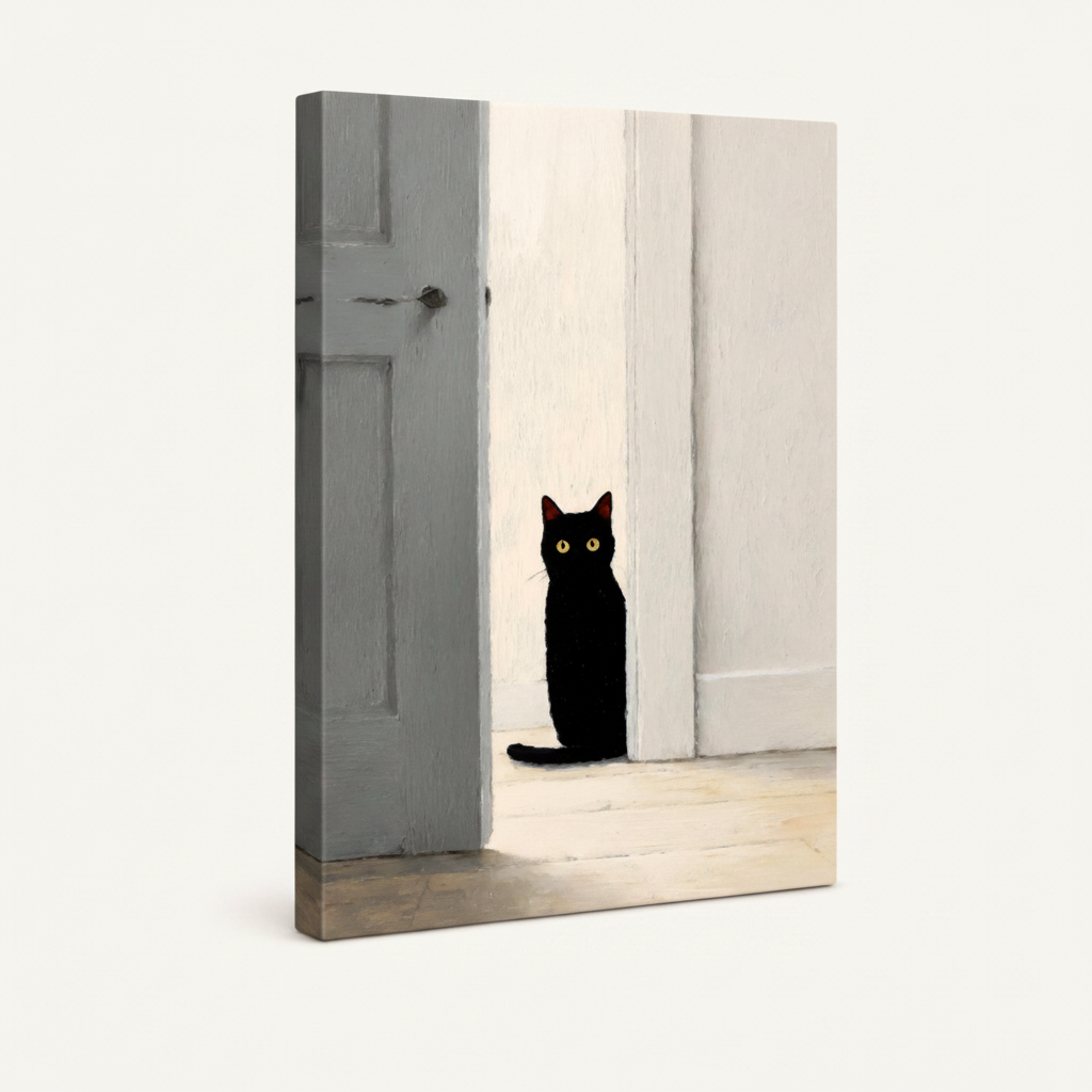 Stretched canvas of black cat sitting in white hallway doorway, minimalist oil painting style, side angle