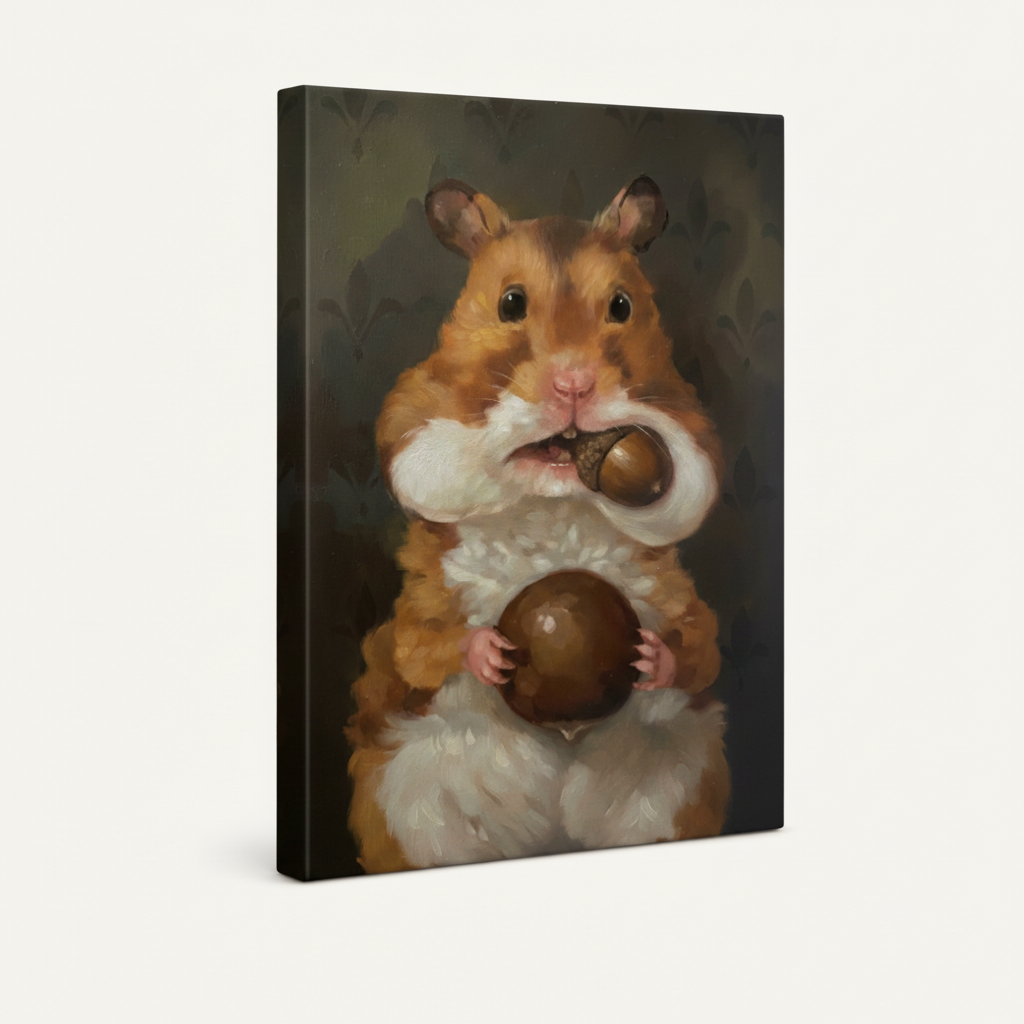 Gallery wrap canvas of golden hamster holding acorn, classical oil painting style, side view