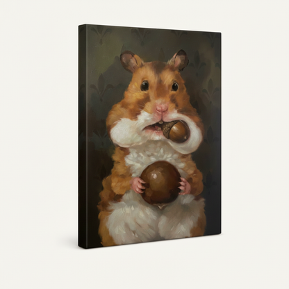 Gallery wrap canvas of golden hamster holding acorn, classical oil painting style, side view