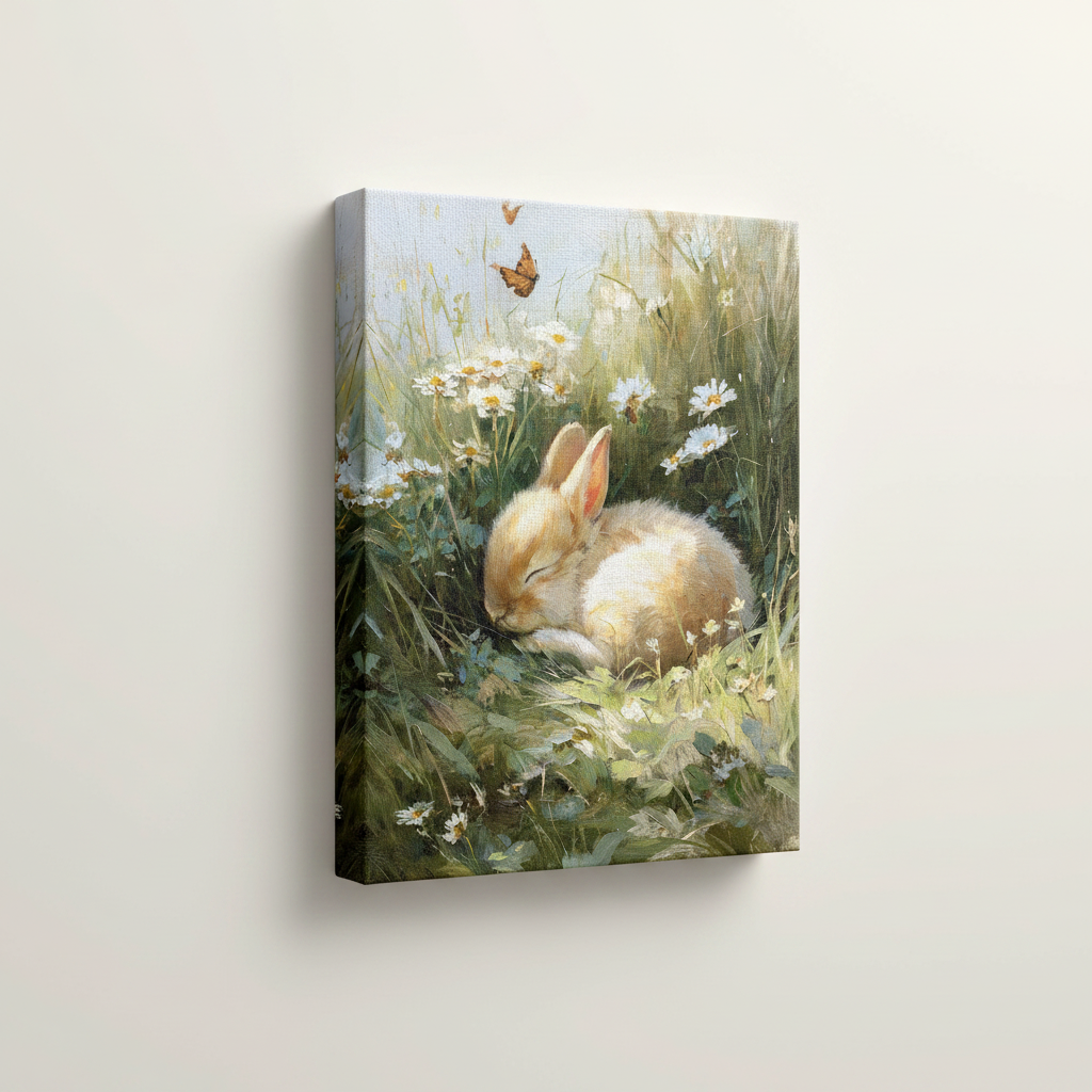 Unframed stretched canvas print of golden baby bunny sleeping in sunlit daisy meadow