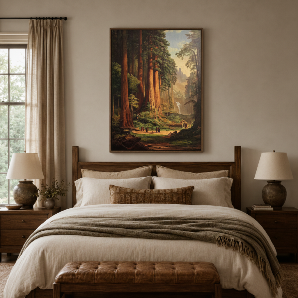 Classic redwood forest canvas print in bedroom – Hudson River School oil painting with towering ancient sequoias above bed by Aurewall