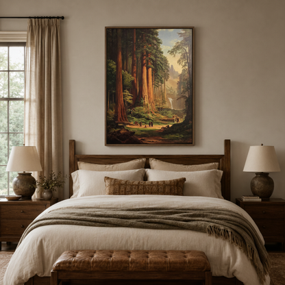 Classic redwood forest canvas print in bedroom – Hudson River School oil painting with towering ancient sequoias above bed by Aurewall