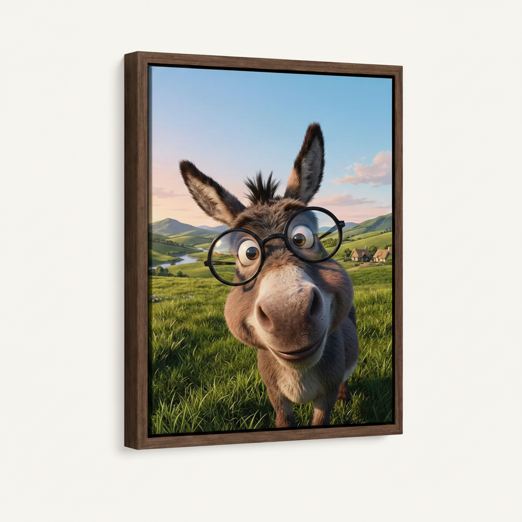 Funny donkey cartoon dark walnut float frame canvas product shot on white background side angle