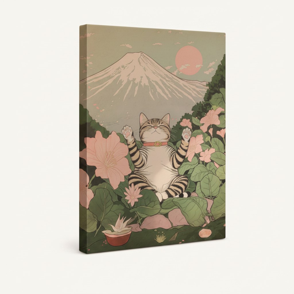 Zen Mount Fuji stretched canvas print – unframed Japanese illustration with cherry blossoms cranes and misty mountain in soft pastel tones by Aurewall