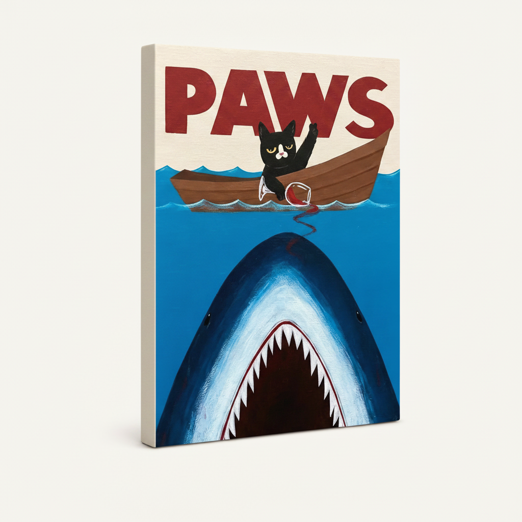 PAWS funny cat shark gallery wrap canvas print shown at an angle on white background