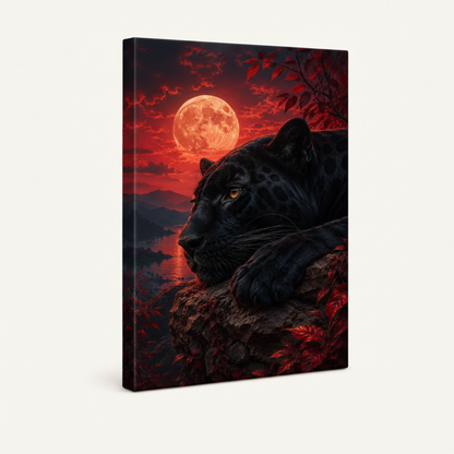 Dark wildlife black panther blood moon stretched canvas print – unframed oil painting with panther and crimson moonlit sea by Aurewall