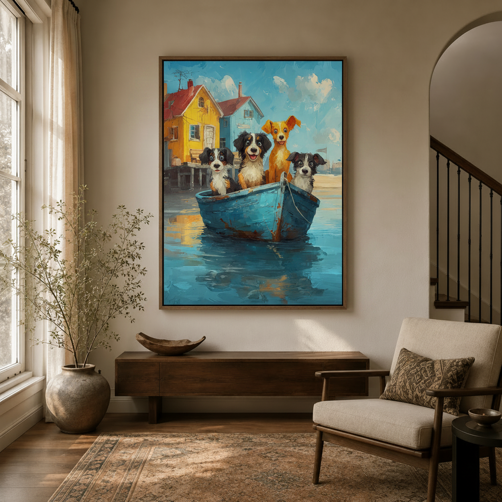 Colorful dog wall art canvas in a bright entryway hallway with neutral decor