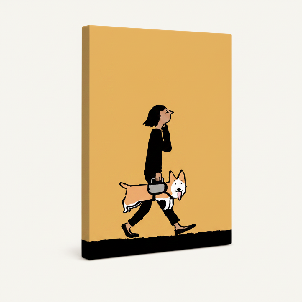 Stretched canvas side view of minimalist woman and corgi graphic art on amber background