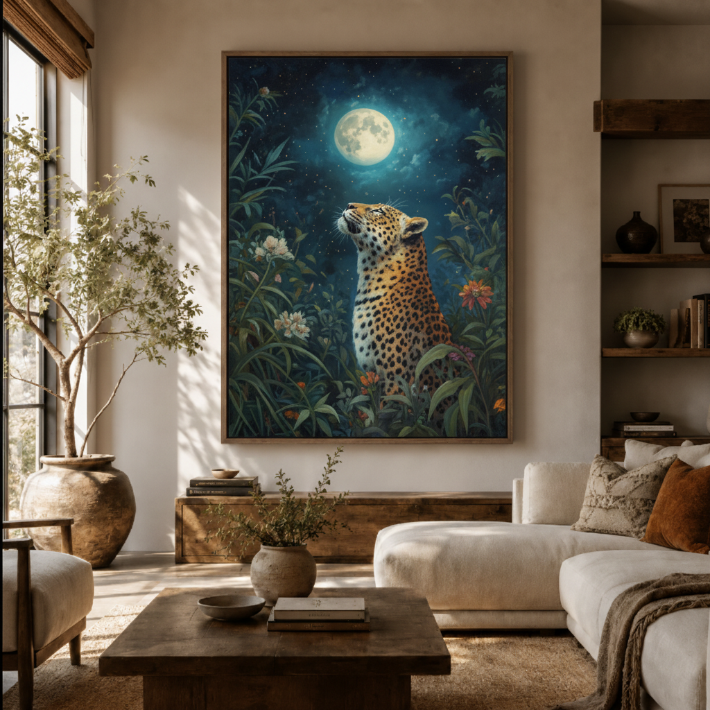 Moonlit leopard canvas wall art displayed in living room – dark jungle night print above sofa by Aurewall