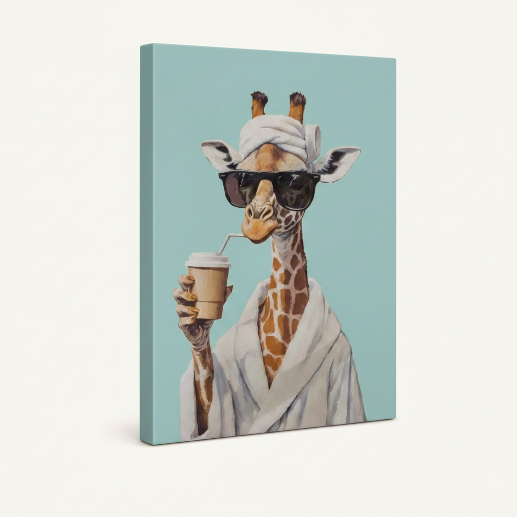 Stretched canvas print of giraffe in bathrobe with mint blue background, side angle view