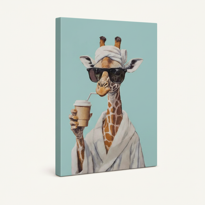 Stretched canvas print of giraffe in bathrobe with mint blue background, side angle view