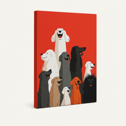 Stretched gallery wrap canvas of happy dogs flat illustration with red color-wrapped edges, 3/4 angle view