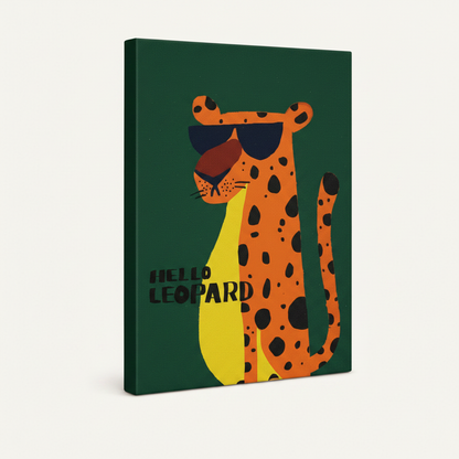 Gallery wrap canvas of cool orange leopard on dark green background, 3/4 angle product view