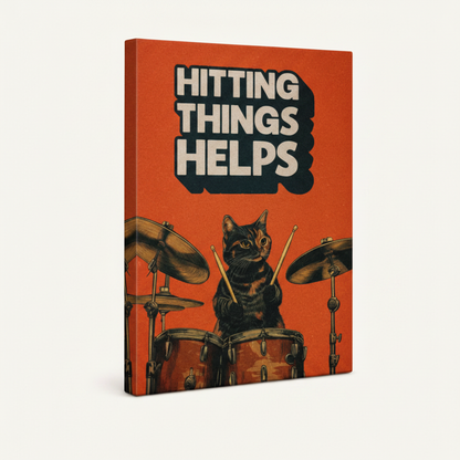 Gallery wrap canvas of funny cat drummer poster, side angle view on white backgroundGallery wrap canvas of funny cat drummer poster, side angle view on white background