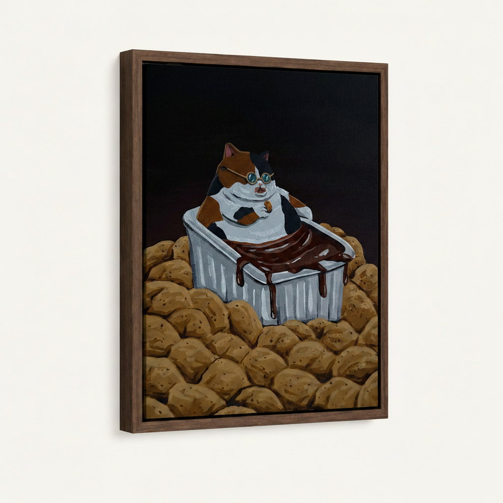 Chubby cat in chocolate bath painting in dark walnut floater frame, 3/4 angle on off-white background