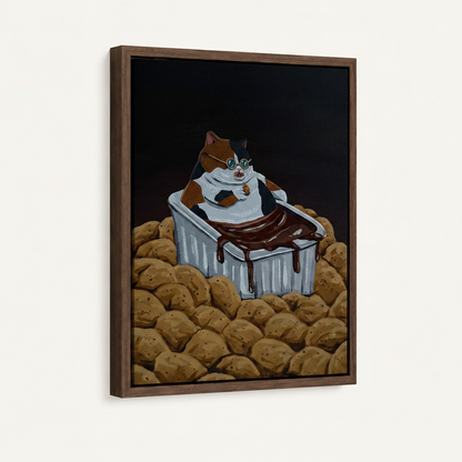 Chubby cat in chocolate bath painting in dark walnut floater frame, 3/4 angle on off-white background