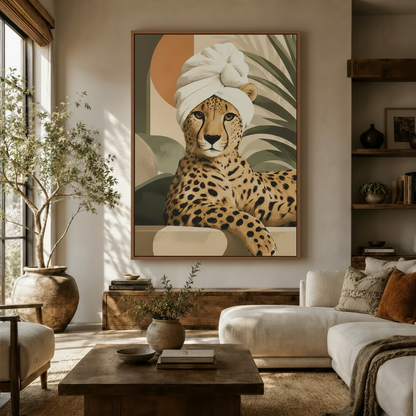 Boho cheetah spa canvas wall art displayed in a bright modern living room above a wooden console