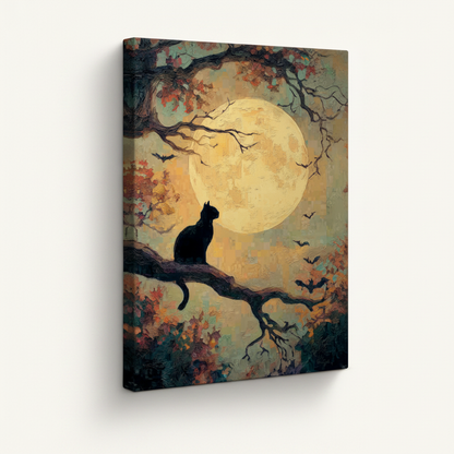 Japanese black cat moon night stretched canvas print – unframed zen illustration with black cat on blossoming branch under deep blue moonlit sky by Aurewall