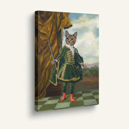 Baroque dapper cat portrait stretched canvas print – unframed classical oil painting with gray cat in green court costume against gold curtain backdrop by Aurewall