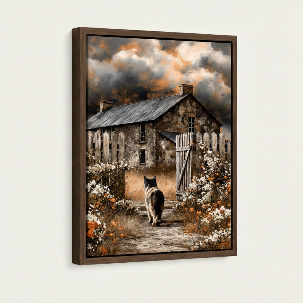 Black cat cottage garden framed canvas wall art – rustic oil painting with black cat walking through wildflowers toward stone farmhouse by Aurewall