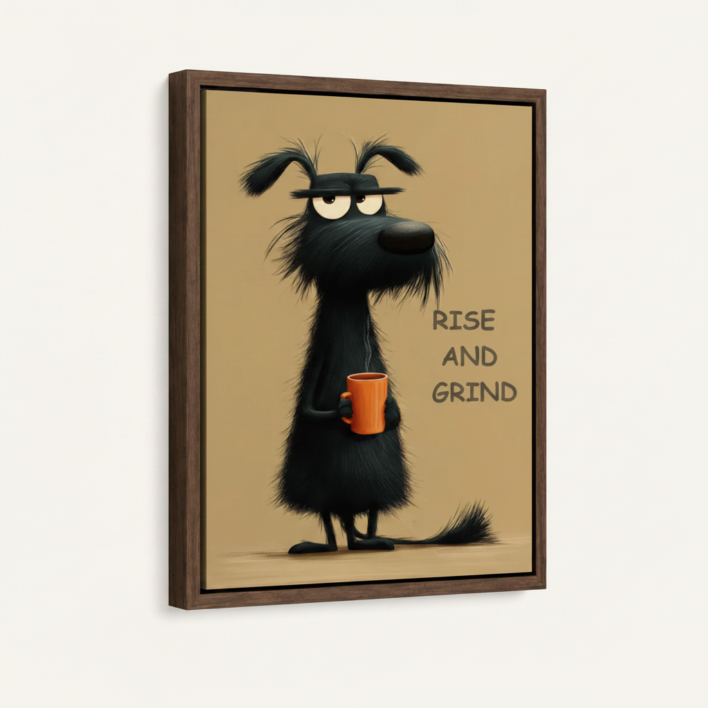 Framed canvas wall art of cartoon dog holding coffee mug on white background, 3/4 view