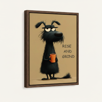 Framed canvas wall art of cartoon dog holding coffee mug on white background, 3/4 view