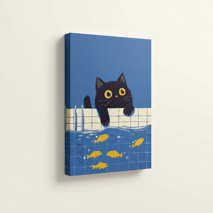 Gallery wrap canvas of black cat and goldfish illustration shown at angle on off-white background