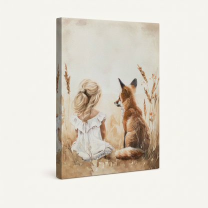 Stretched canvas of little girl and fox sitting in golden autumn meadow, watercolor illustration