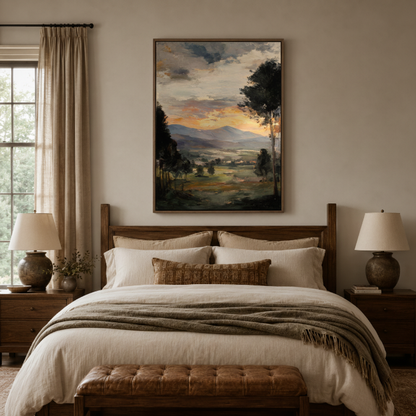 Vintage sunset landscape canvas print in bedroom – impressionist countryside oil painting with warm golden light above bed by Aurewall