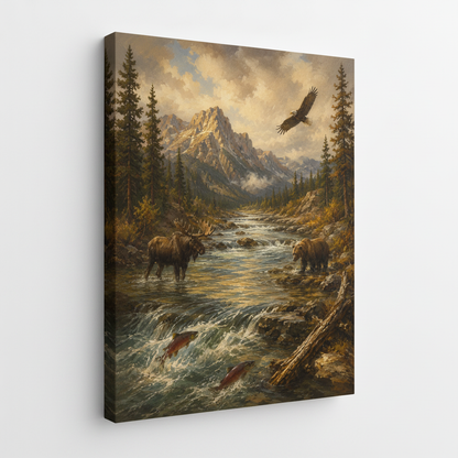 Classic American wilderness stretched canvas print – unframed wildlife oil painting with bear eagle pine forest and rushing mountain river by Aurewall