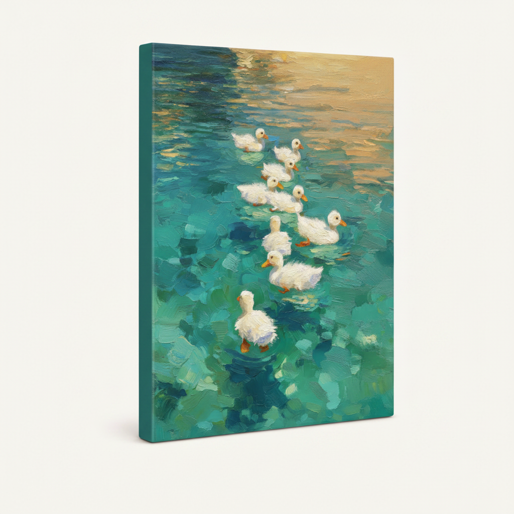 Gallery wrapped canvas of white ducks in turquoise water, teal painted sides, angled product view on off-white background