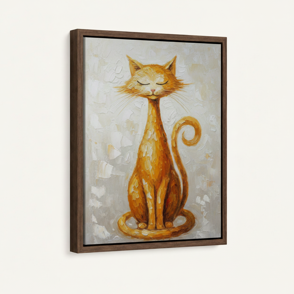 Close-up of framed orange cat canvas showing thick textured brushstrokes and walnut float frame