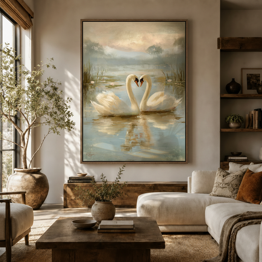 Large romantic swan painting framed canvas art in modern neutral living room