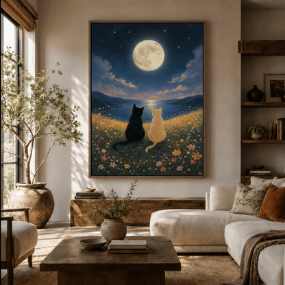 Black cat moon canvas wall art in living room – dreamy night sky illustration with wildflowers displayed above sofa by Aurewall