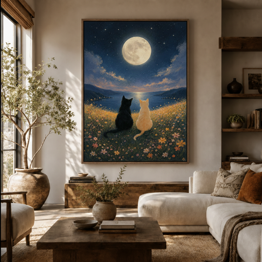 Black cat moon canvas wall art in living room – dreamy night sky illustration with wildflowers displayed above sofa by Aurewall