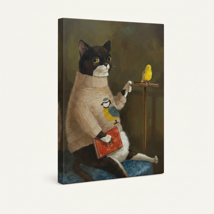 Stretched canvas cat and bird wall art – unique oil painting style home decor by Aurewall