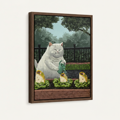 White cat watering tacos canvas in dark walnut floater frame, 3/4 angle on off-white background