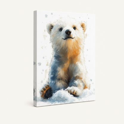 Gallery wrap canvas of baby polar bear watercolor print shown at angle on clean off-white background