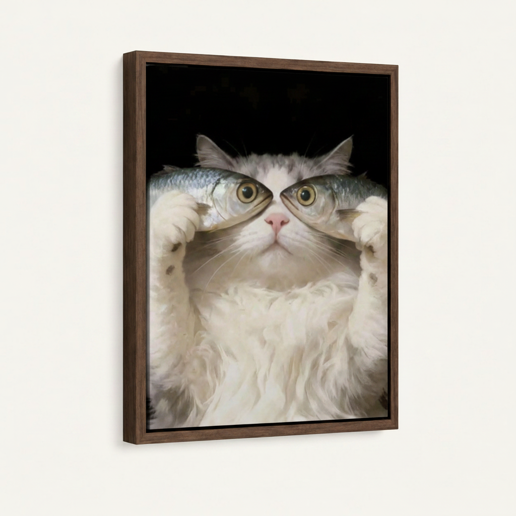 Chubby cat holding two fish hyperrealistic canvas in dark walnut float frame, white background mockup