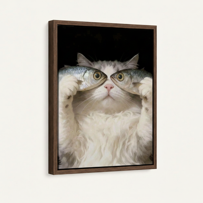 Chubby cat holding two fish hyperrealistic canvas in dark walnut float frame, white background mockup