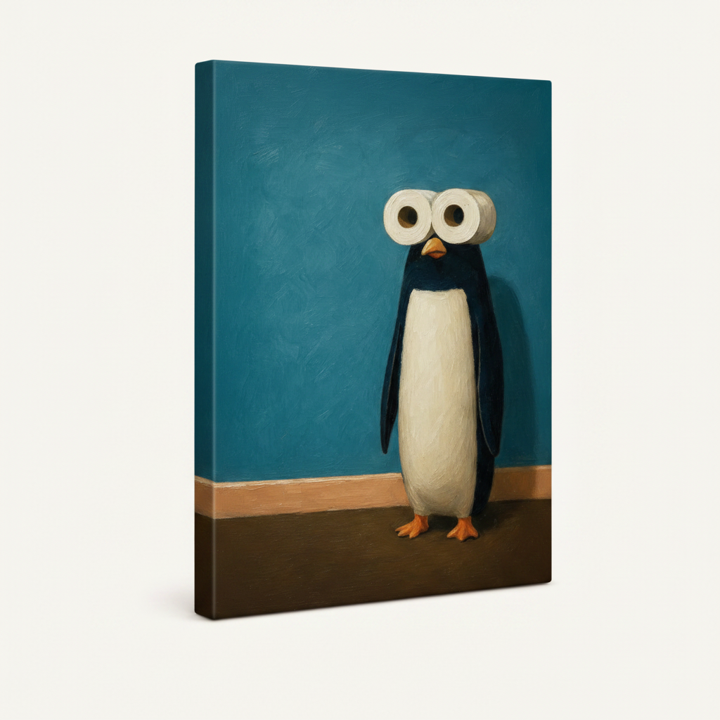 Stretched gallery wrap canvas of funny penguin oil painting with teal color-wrapped edges, 3/4 angle view