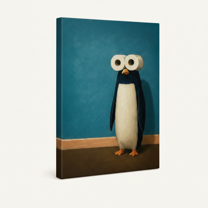 Stretched gallery wrap canvas of funny penguin oil painting with teal color-wrapped edges, 3/4 angle view