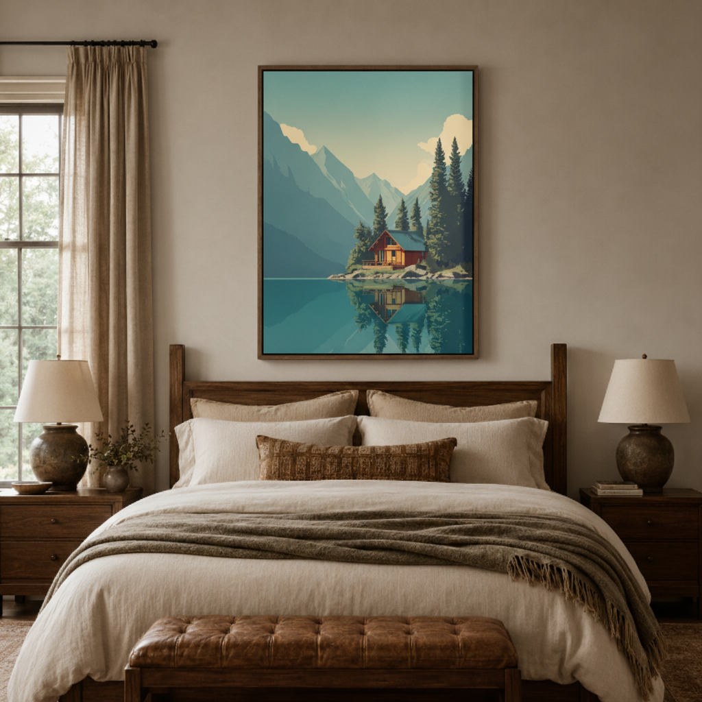 Minimalist lake cabin canvas print in bedroom – turquoise mountain reflection nature illustration as calming wall decor above bed by Aurewall