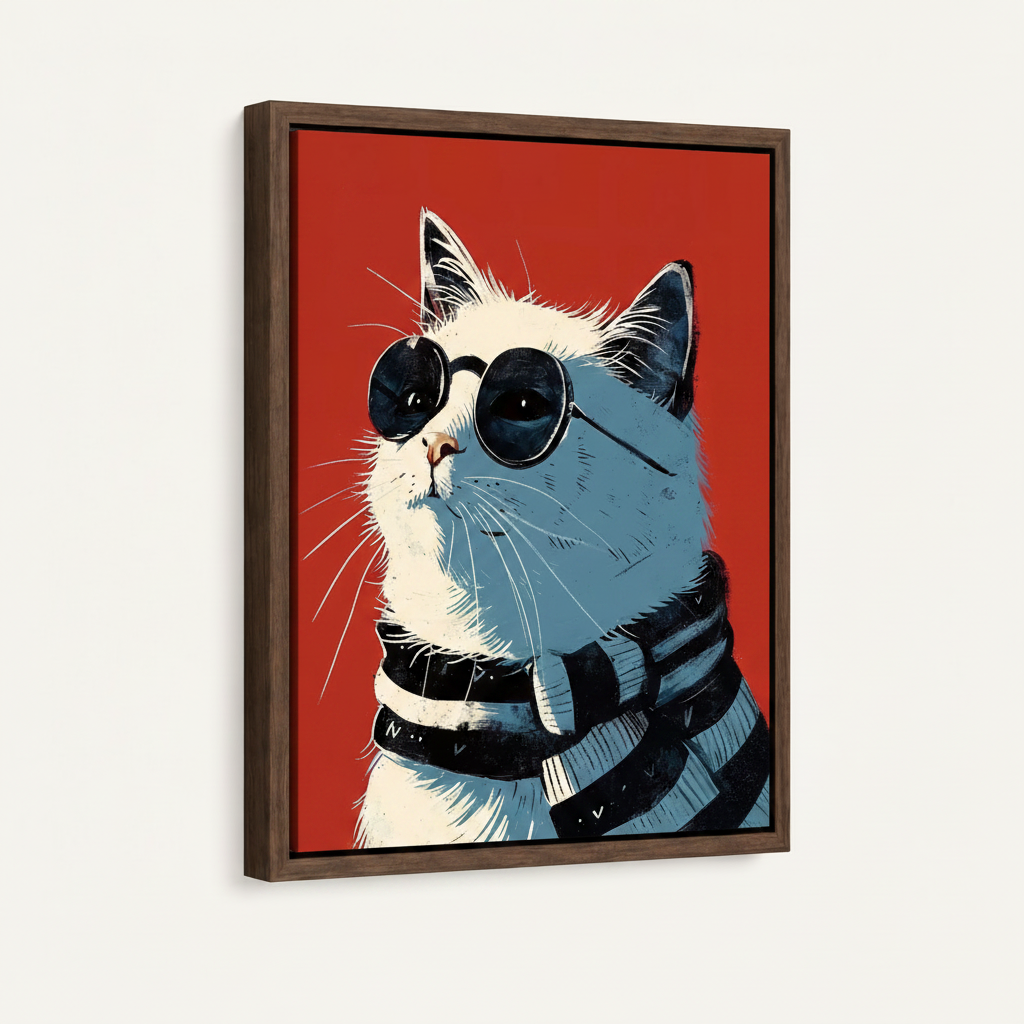 White cat sunglasses striped sweater canvas in dark walnut float frame, white background mockup