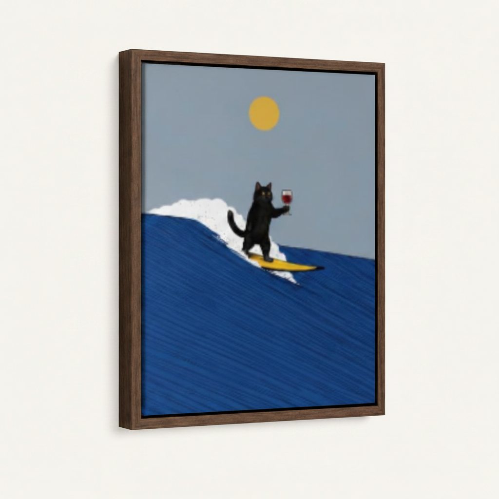 Surfing cat framed canvas painting in dark walnut float frame shown at an angle on white background