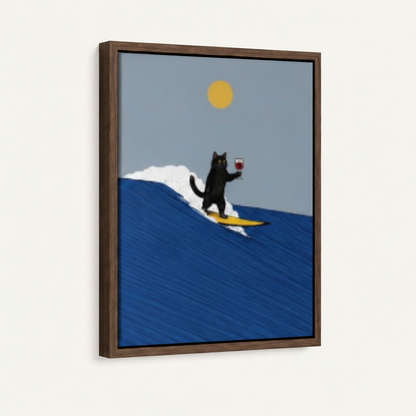Surfing cat framed canvas painting in dark walnut float frame shown at an angle on white background