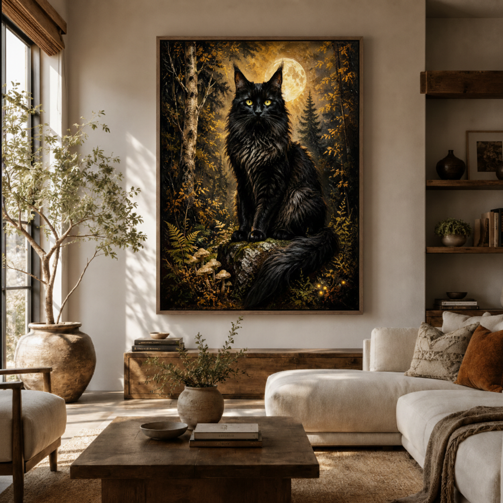 Gothic black cat forest canvas wall art in living room – dark baroque oil painting with moonlit woodland displayed above sofa by Aurewall