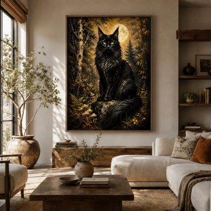Gothic black cat forest canvas wall art in living room – dark baroque oil painting with moonlit woodland displayed above sofa by Aurewall