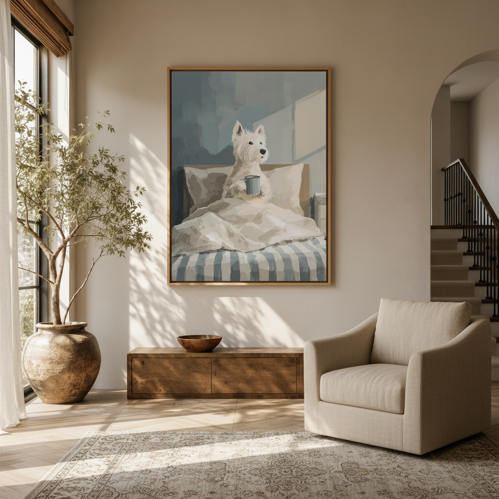 Dog-themed canvas wall art hung in a cozy living room with natural light and linen sofa